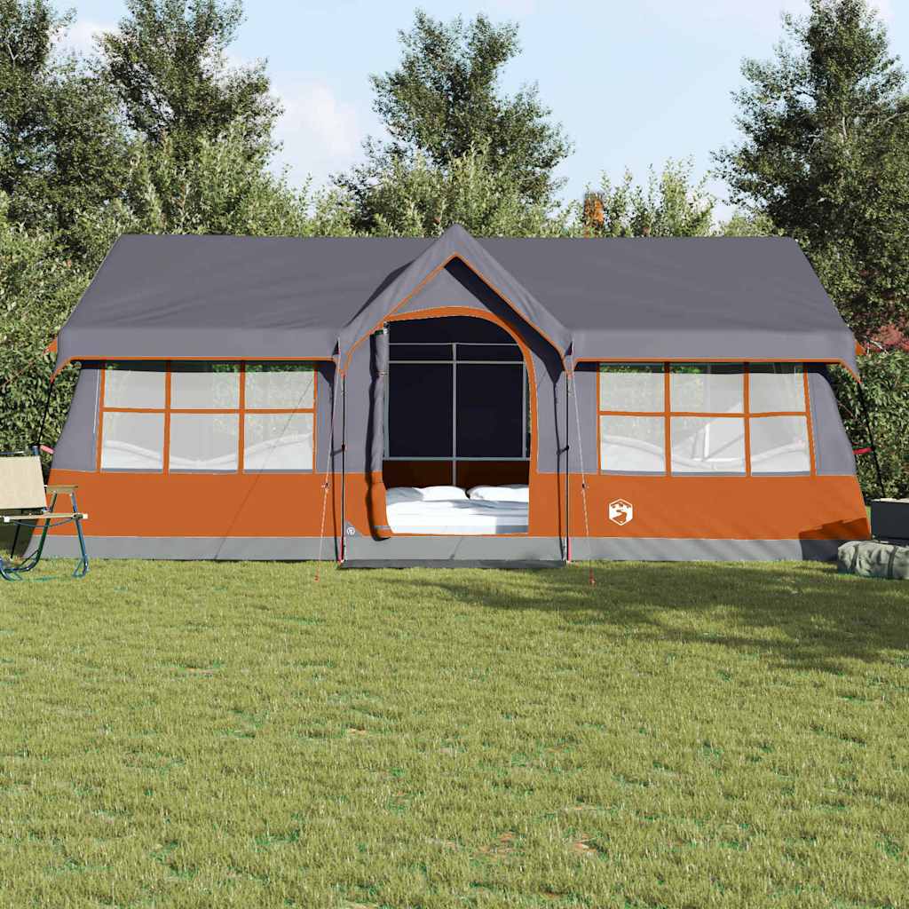 stovyklavimo palapinė su langais pilka ir oranžinė 12 asmenų vandeniui atspari