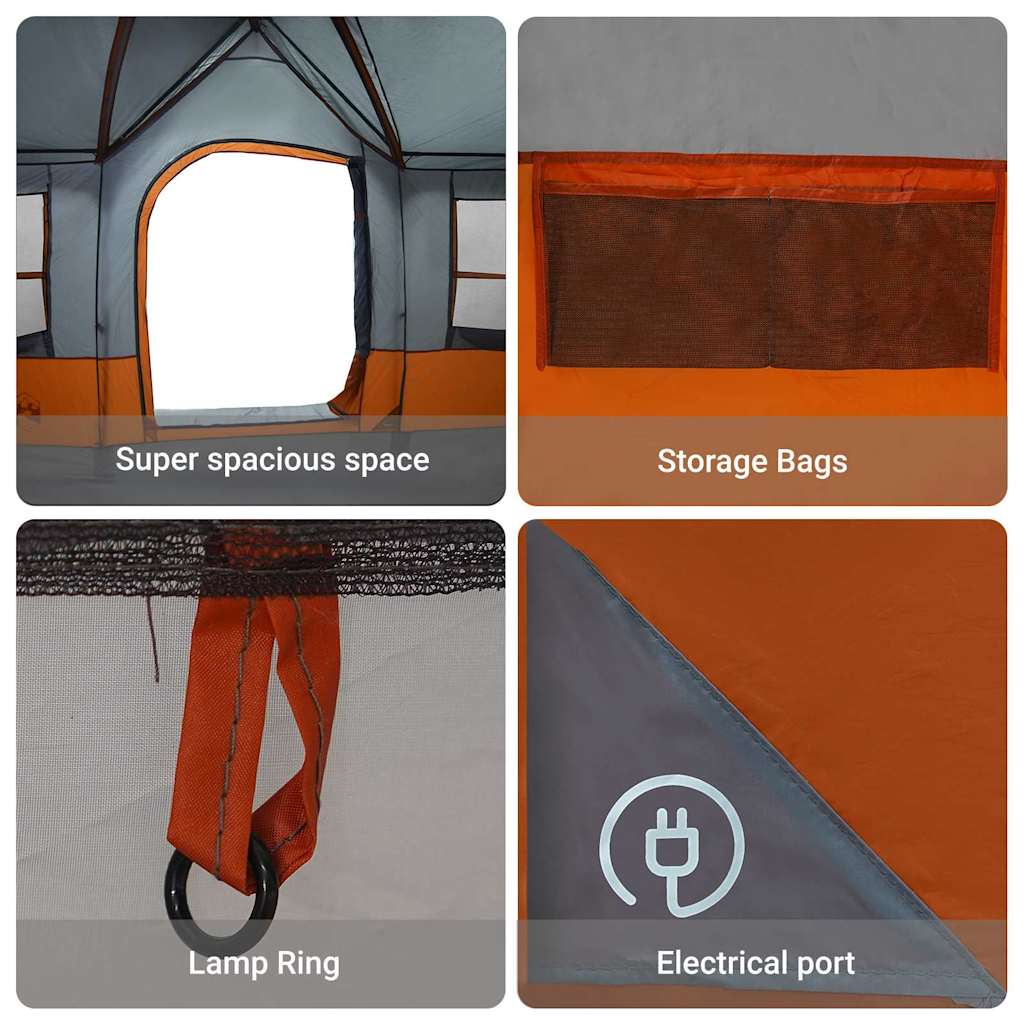 stovyklavimo palapinė su langais pilka ir oranžinė 12 asmenų vandeniui atspari