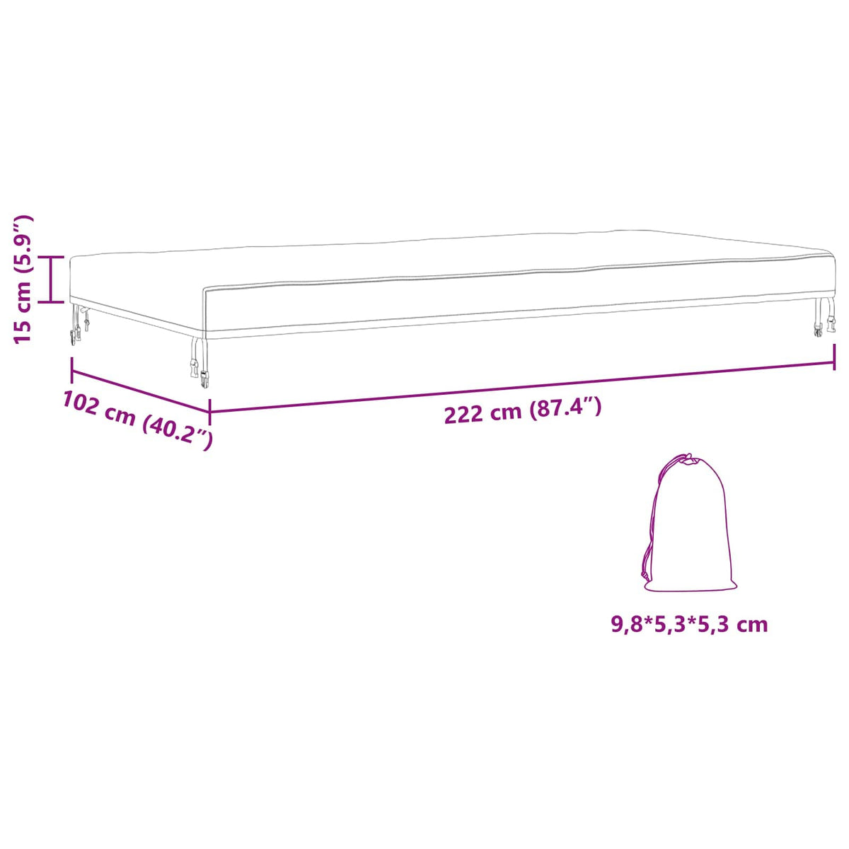 Lauko baldų uždangalas 222 x 102 x 15 cm 210D Oxford audinys