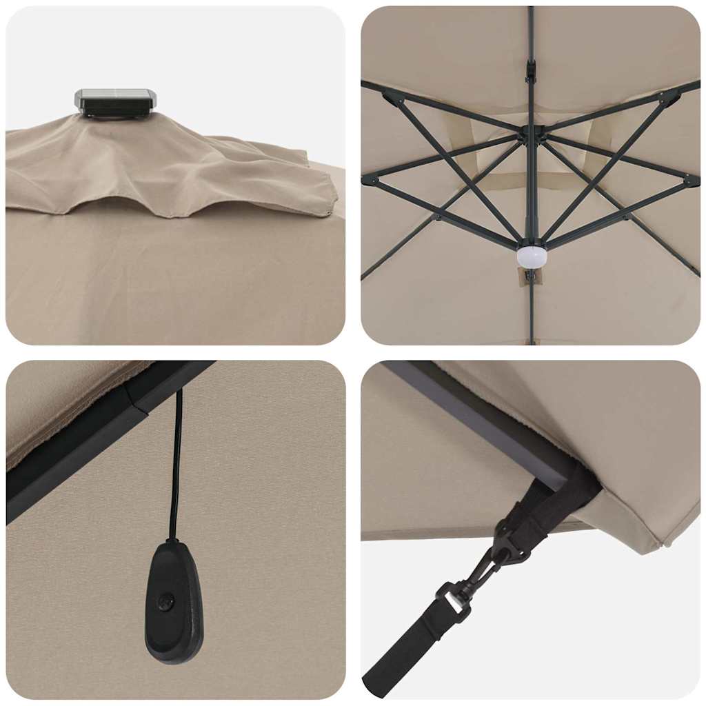 Cantilever Roma skėtis su LED lempomis Taupe, 286x285x270 cm, aliuminis.