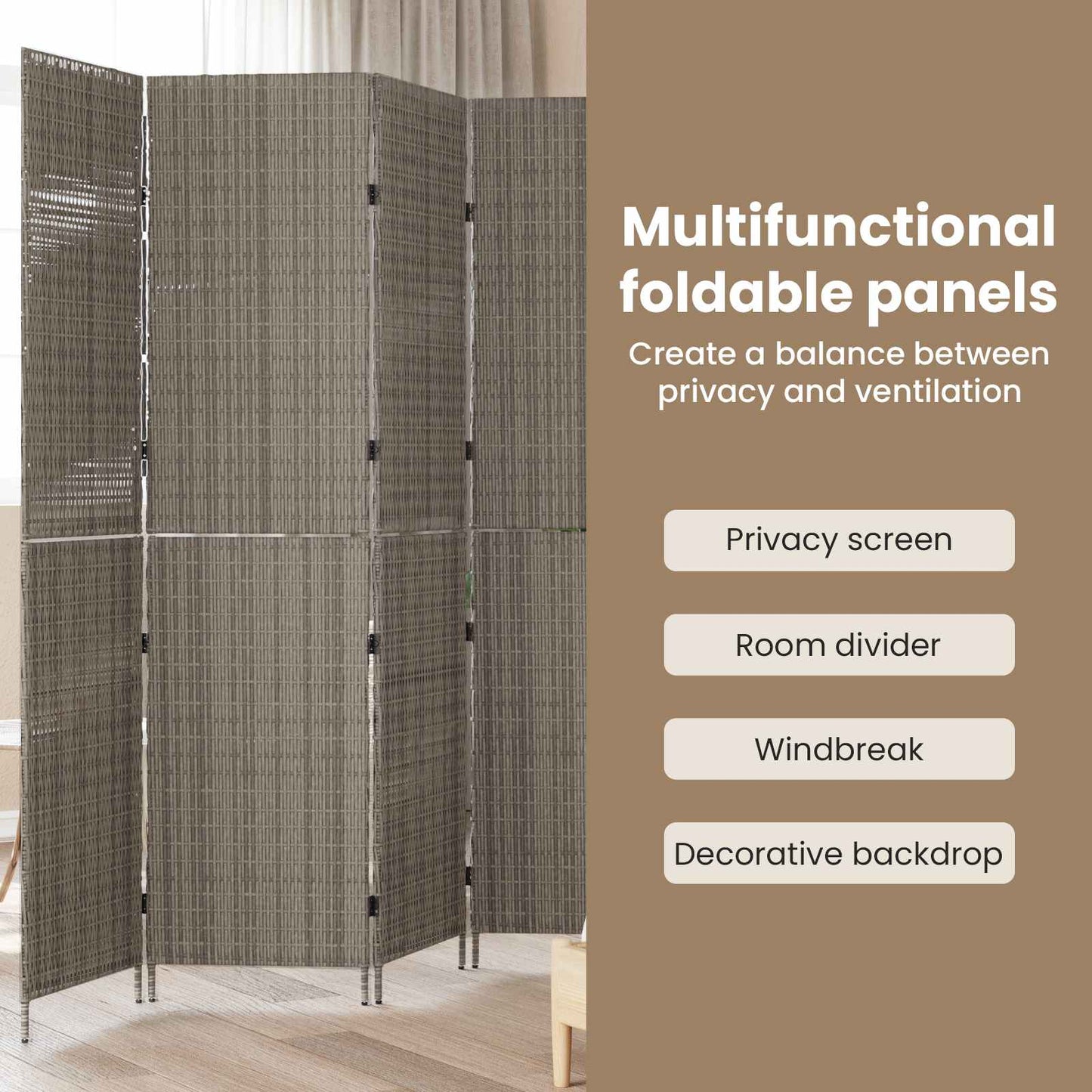 Kambario Pertvara 4 Paneliai Sulankstoma Pilka 195x180 cm Poli Ratanas