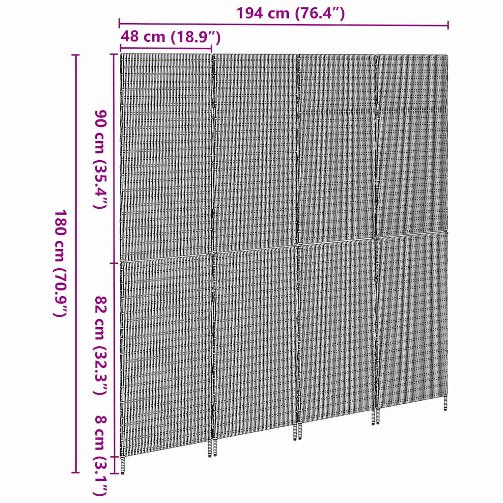 Kambario Pertvara 4 Paneliai Sulankstoma Pilka 195x180 cm Poli Ratanas