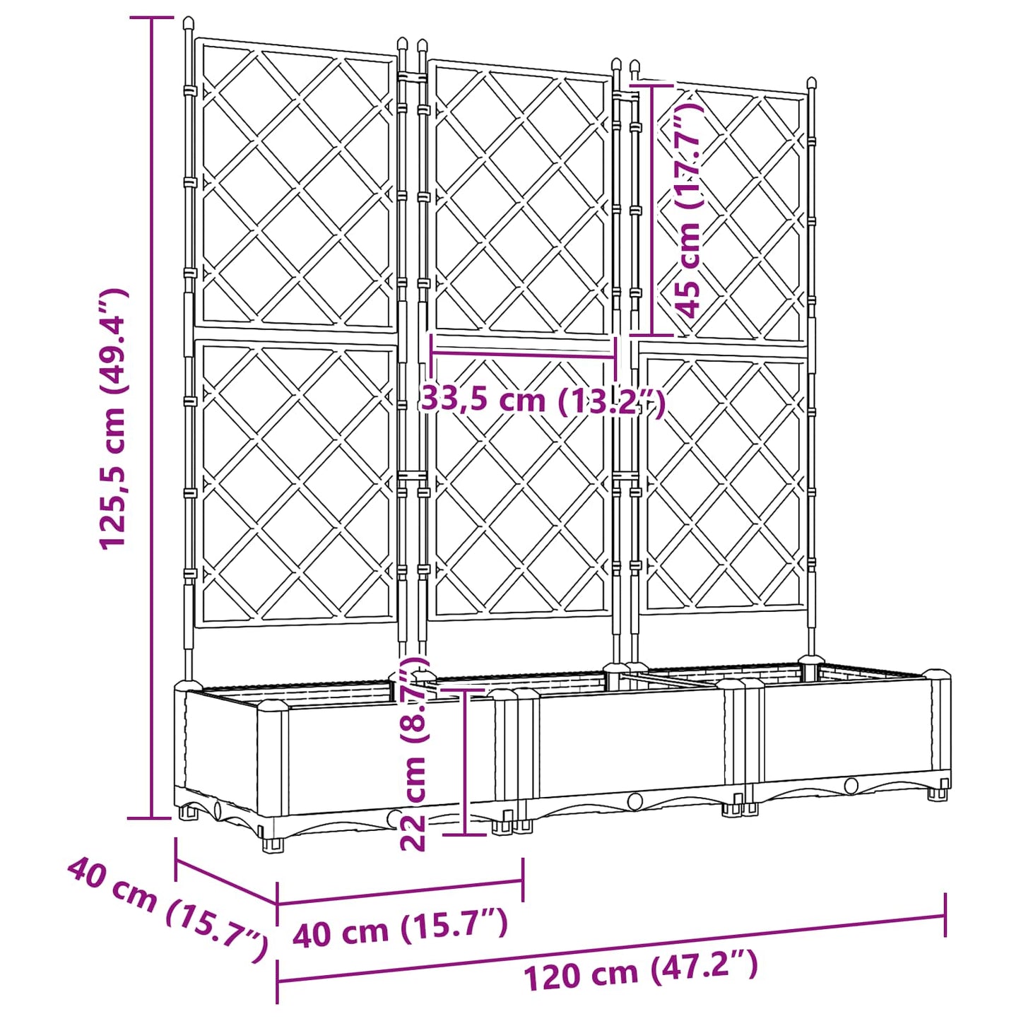 Sodas vazonas su trellis 3 pcs Pilka 120 x 40 x 125.5 cm PP