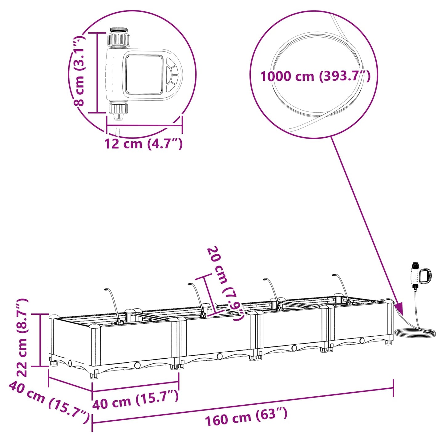 Sodo vazonas 4 pcs Pilka 160 x 40 x 22 cm Plastmasė