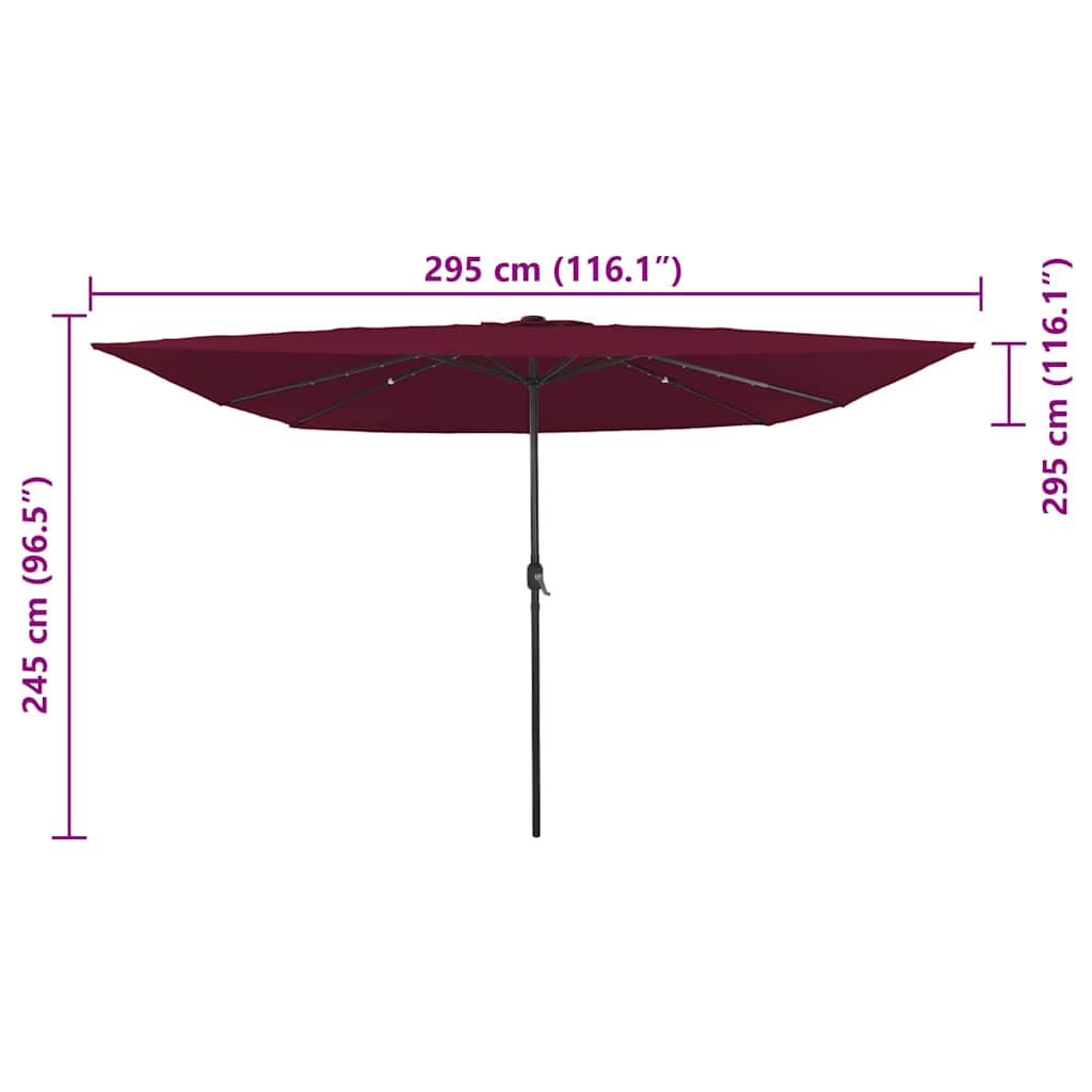 Kvadratinis sodo skėtis su LED šviesom 295x245 cm Burgundiškai raudonas