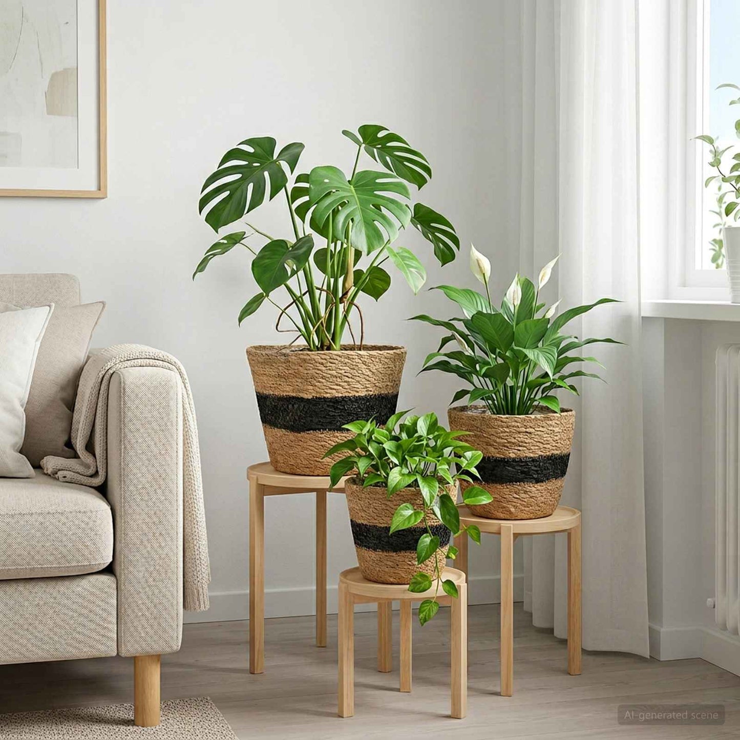 Jūros žolės augalų krepšiai 3 pcs Natūrali ir juoda Ø26 x 19 cm