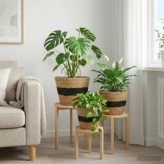 Jūros žolės augalų krepšiai 3 pcs Natūrali ir juoda Ø26 x 19 cm