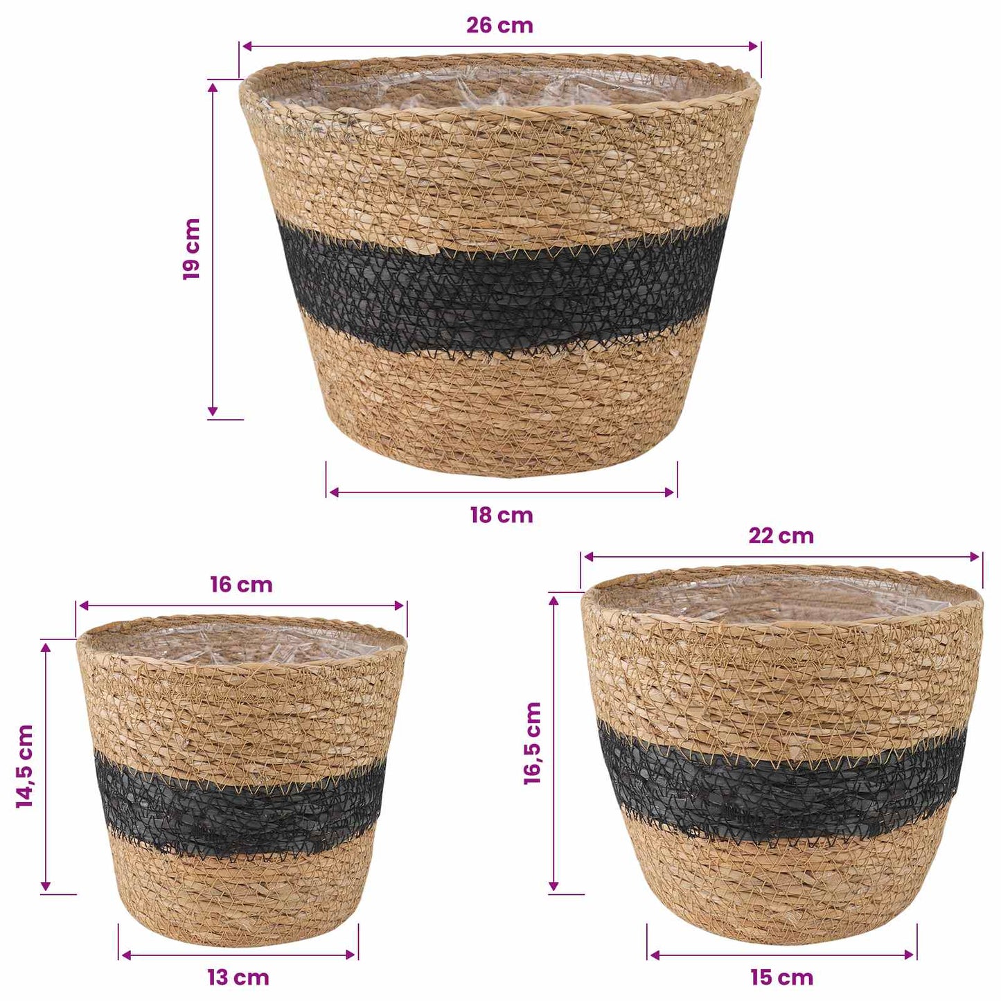 Jūros žolės augalų krepšiai 3 pcs Natūrali ir juoda Ø26 x 19 cm