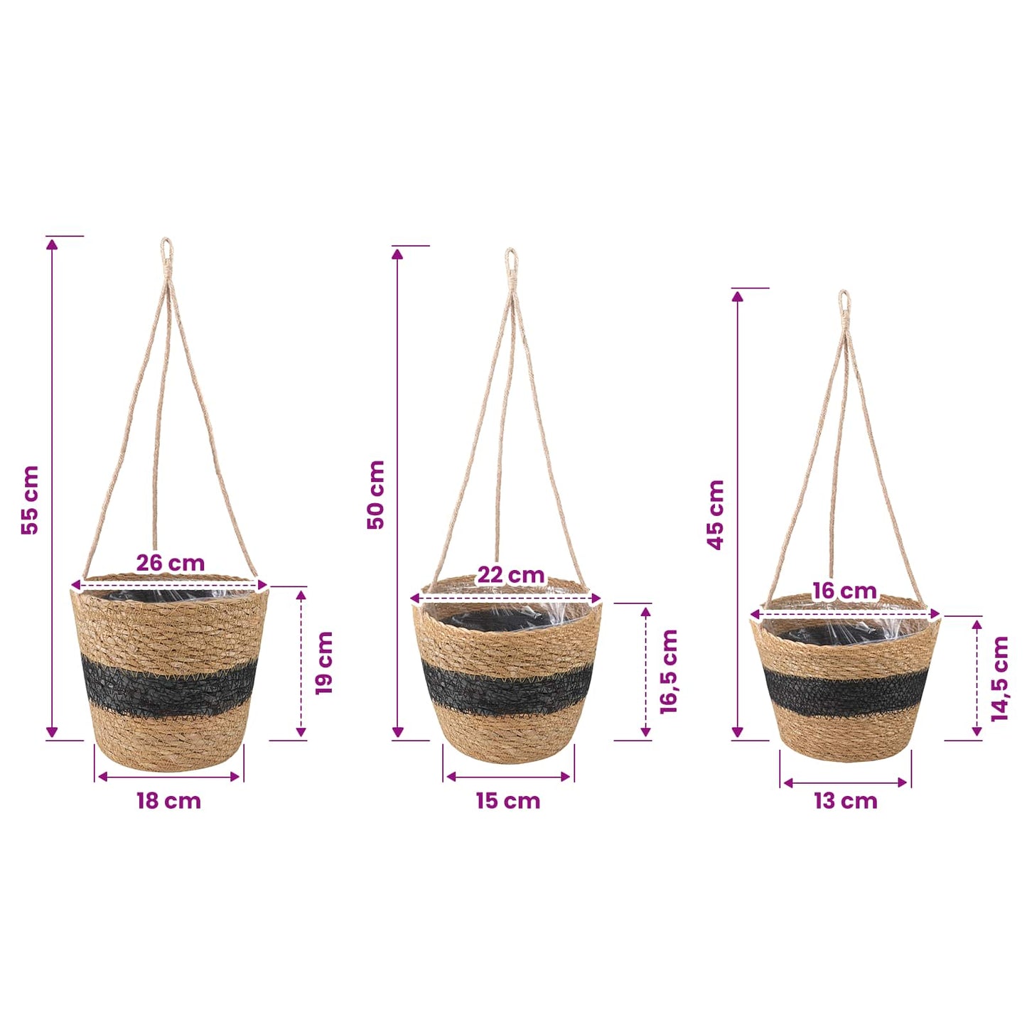 Jūros žolės augalų krepšiai 3 pcs Natūrali ir juoda Ø26 x 19 cm