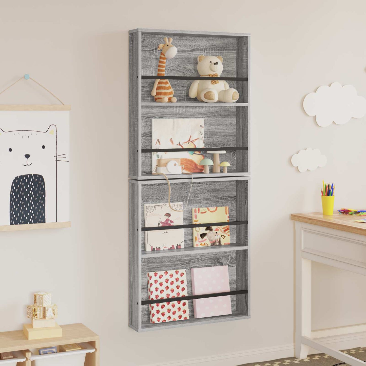 Žurnalų stovas su lentyna 2 pcs Pilkas Sonoma 60 x 12 x 70 cm