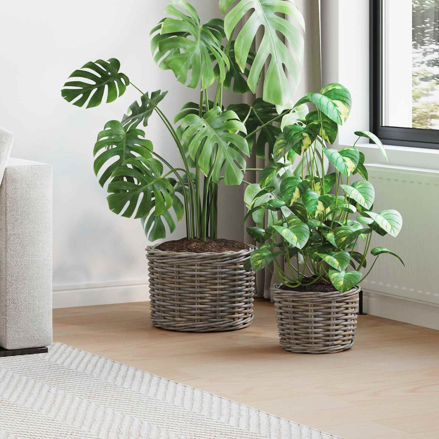 Gėlių krepšys su saugykla 2 pcs Pilka Kubu ratanas