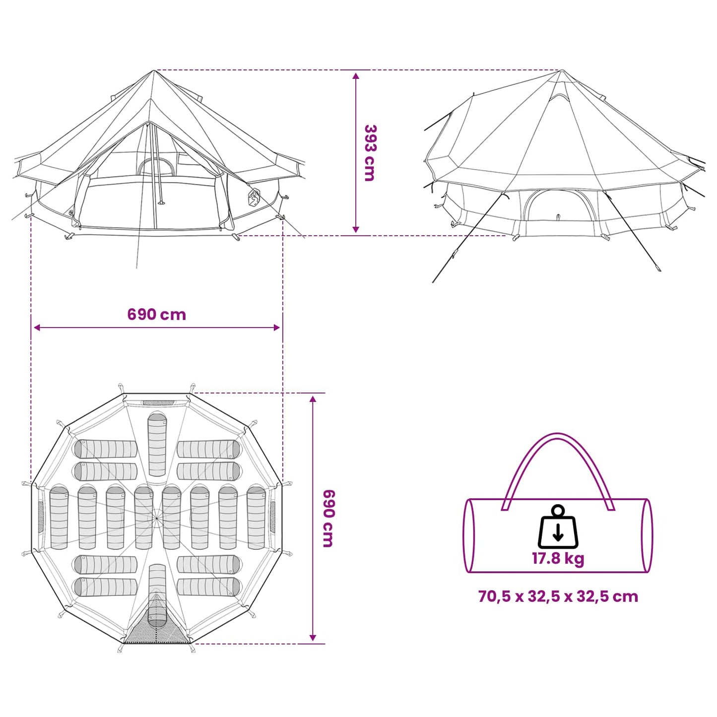 Tipi palapinė su stogu Pilka ir oranžinė 700 x 700 x 395 cm