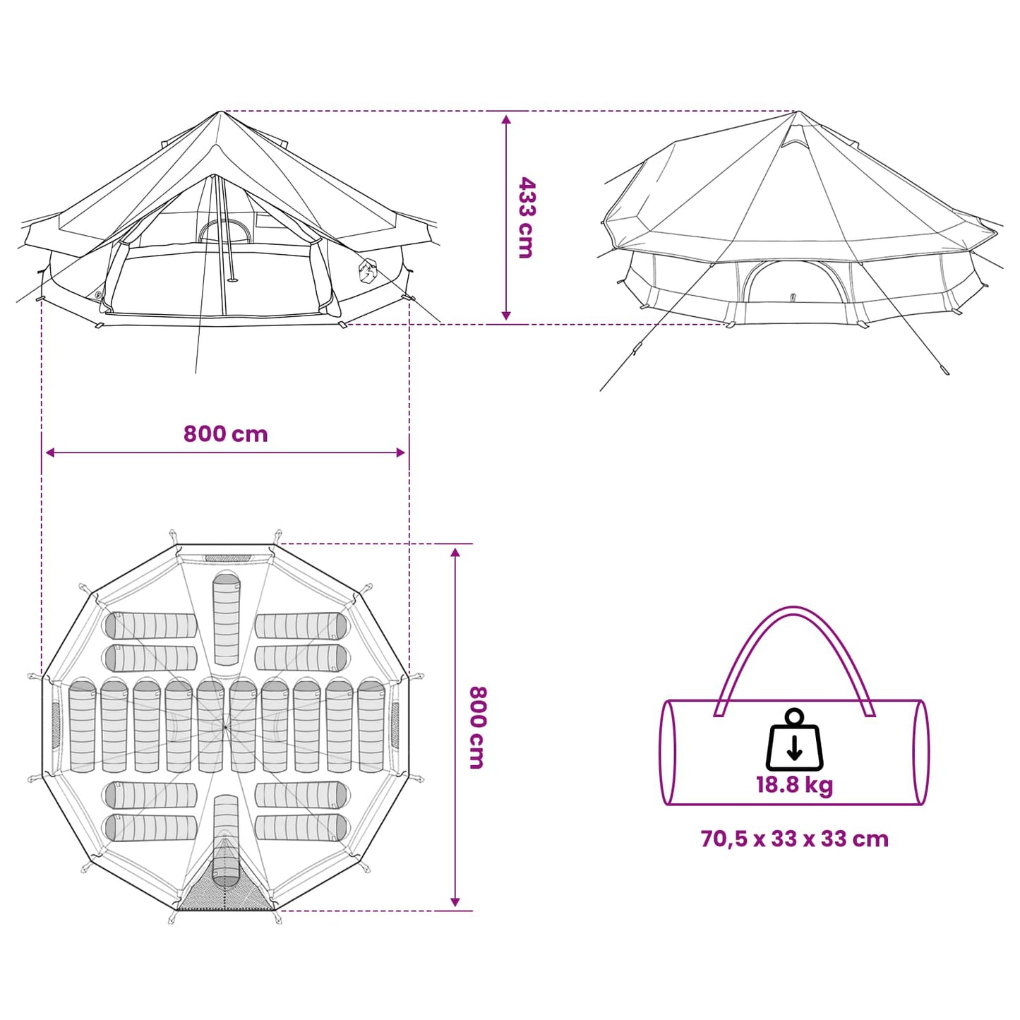 Tipi palapinė Žalia 800 x 800 x 430 cm Poliesteris ir plienas