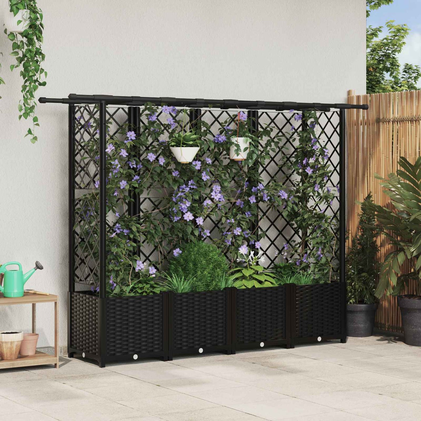 Pakeltas lovas su trelėmis ir stogu Juodas 202 x 40 x 138 cm PP