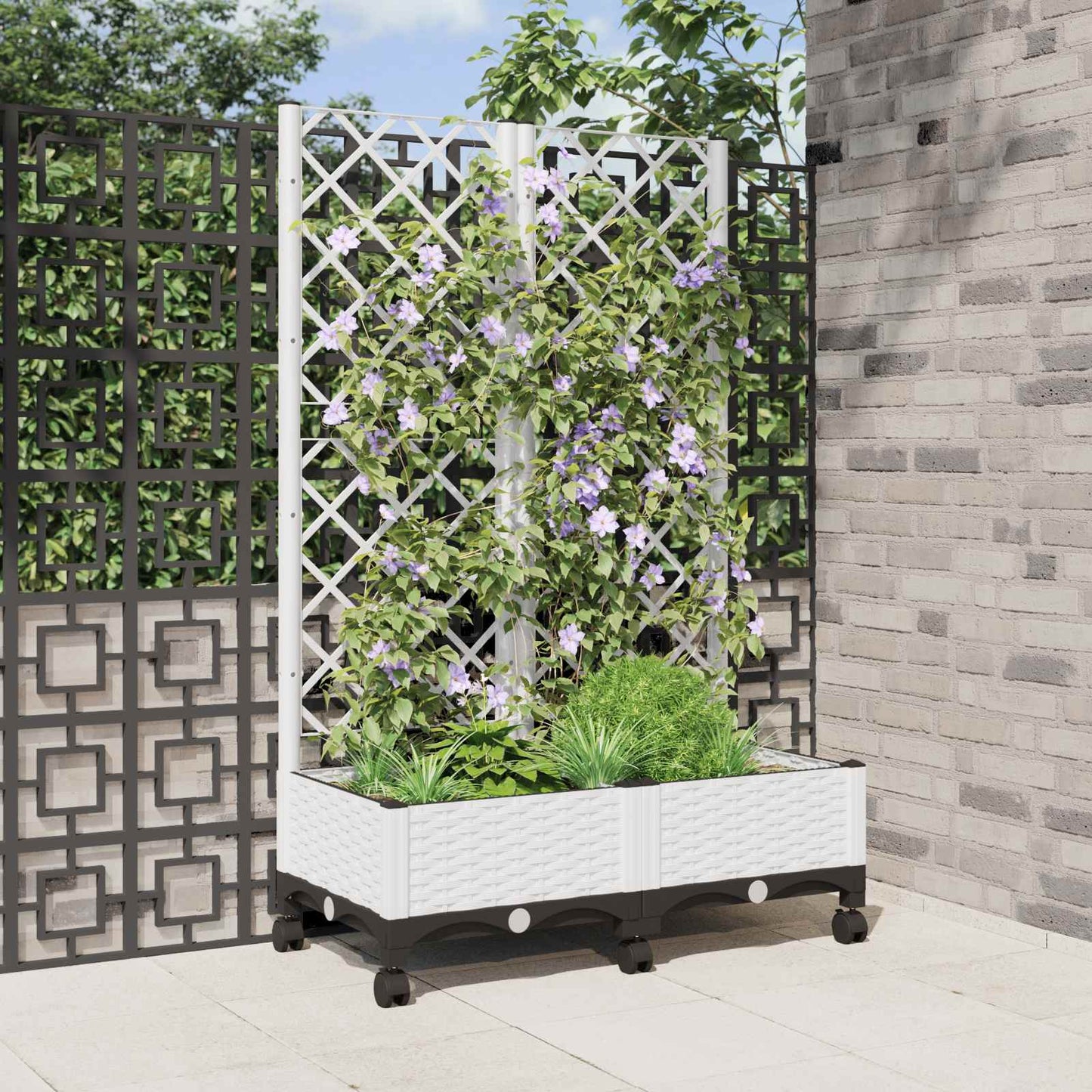 Sodo vazonas su treliu ir ratais Balta 80 x 40 x 131,5 cm PP