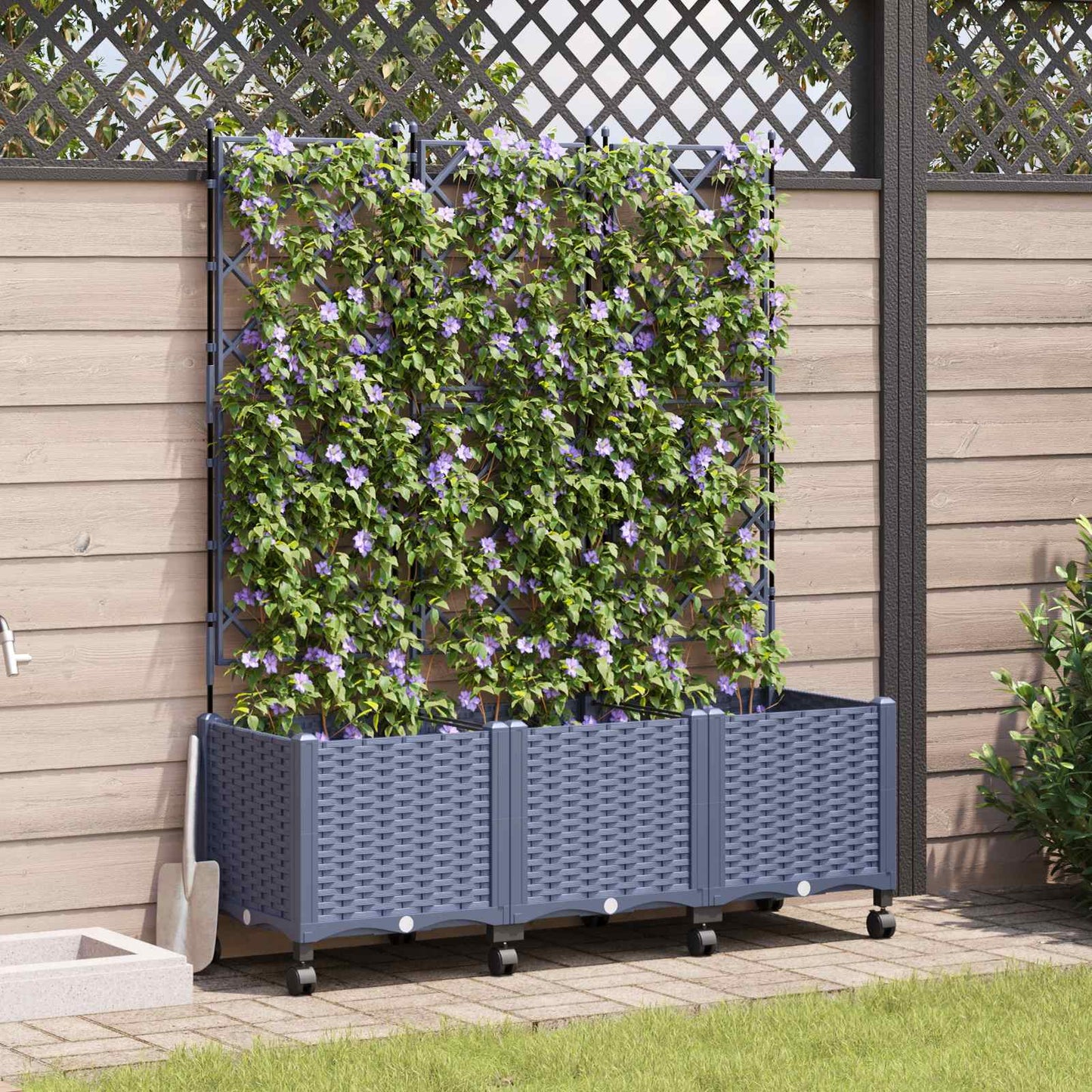 Sodo vazonas su treliu ir ratais 3 vnt. Pilka 120 x 40 x 149 cm
