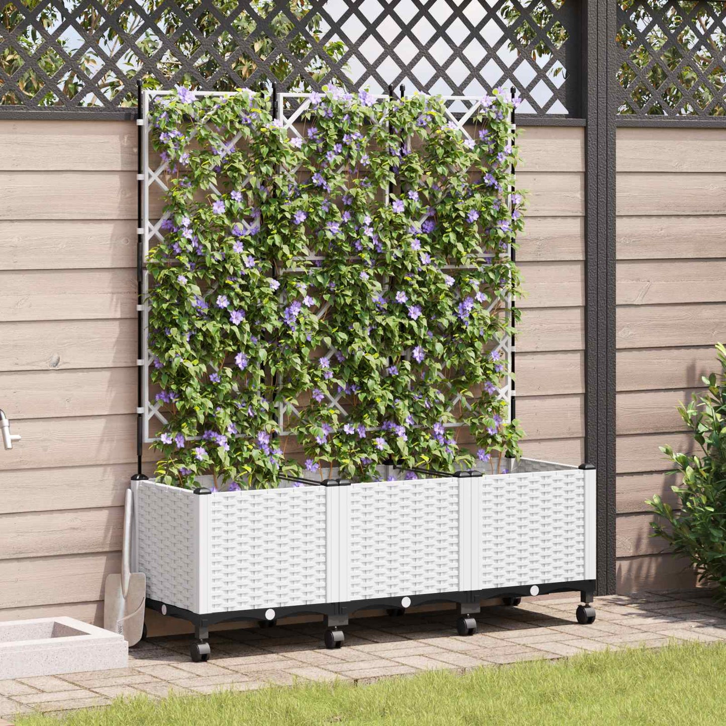 Sodo vazonas su treliu ir ratais 3 vnt. Balta 120 x 40 x 149 cm