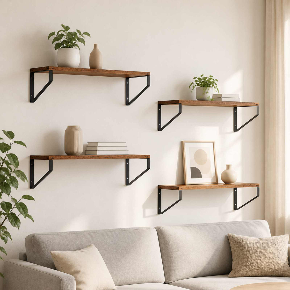 Sieninės lentynos 4 vnt. Sendintos medienos 60 x 16 x 15,5 cm