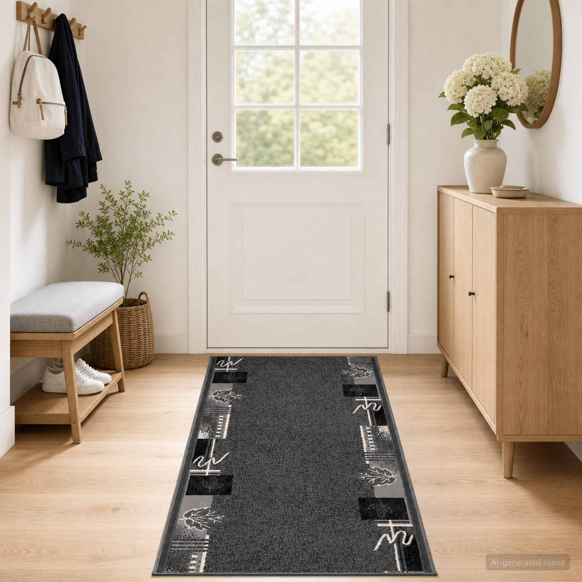 Bėgimo kilimėlis FLORNES Austas Pilka Lapai 67 x 450 cm PP 7 mm