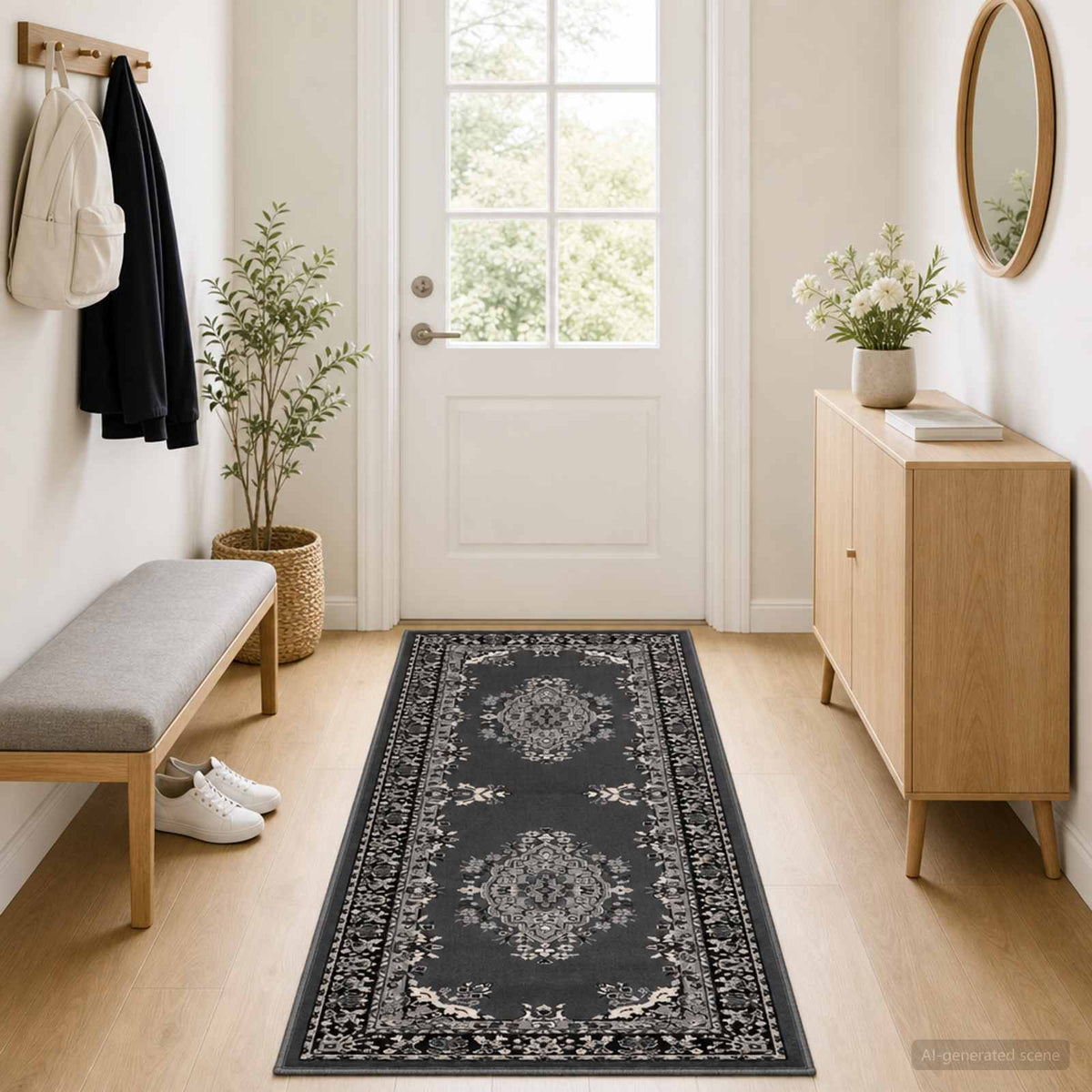 Bėgimo kilimėlis FLORNES Austas Pilkas raštas 80 x 450 cm PP