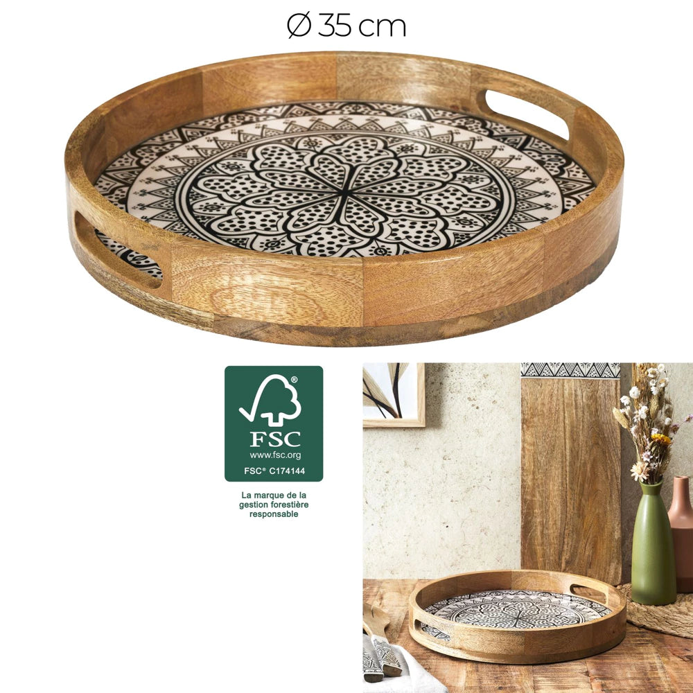 Apvalus mango medienos padėklas „Dune Black“,(Ø35 cm)