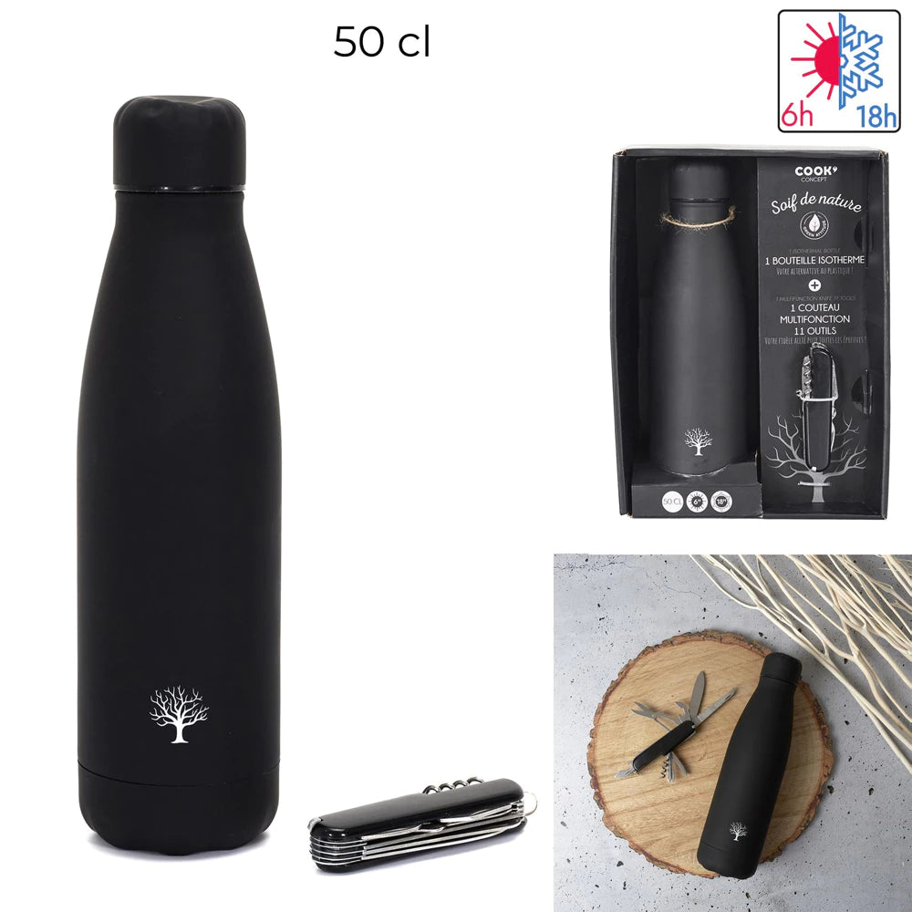 Juodas izoterminis butelis 500 ml su daugiafunkciniu peiliu (11 įrankių)