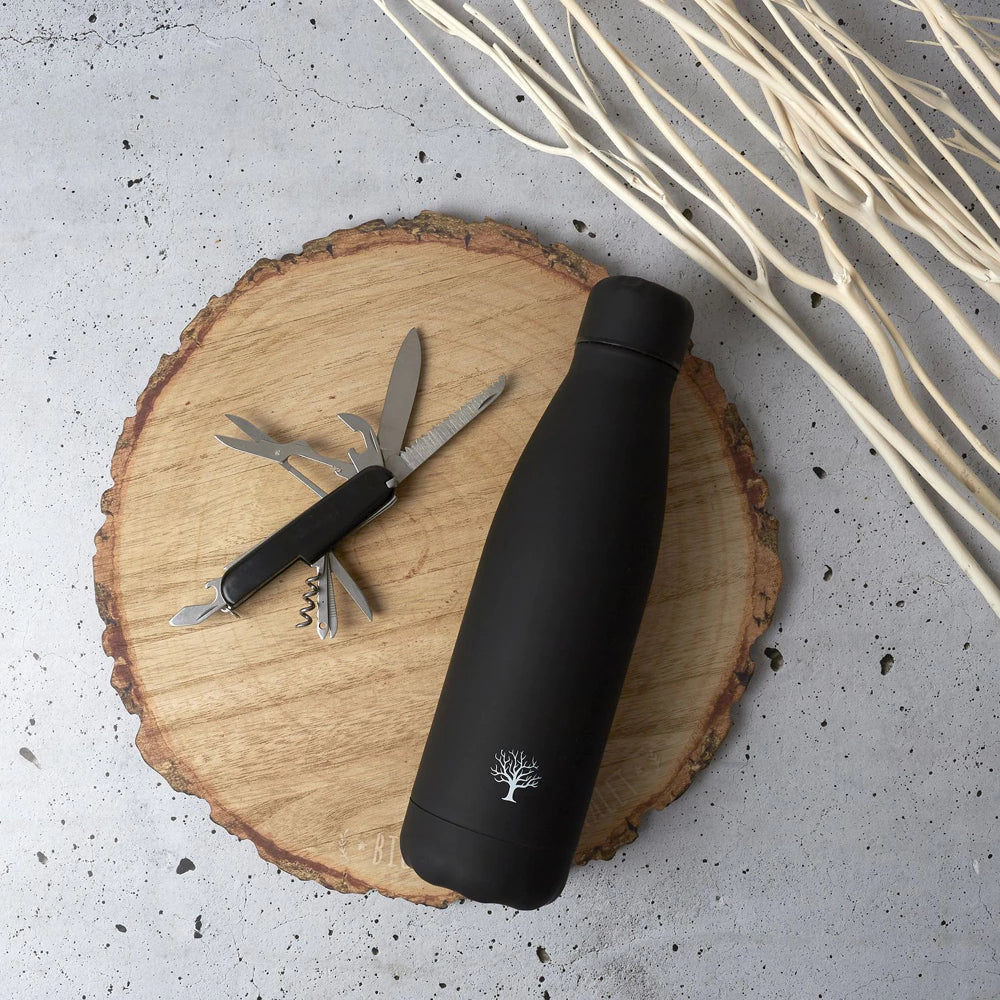 Juodas izoterminis butelis 500 ml su daugiafunkciniu peiliu (11 įrankių)