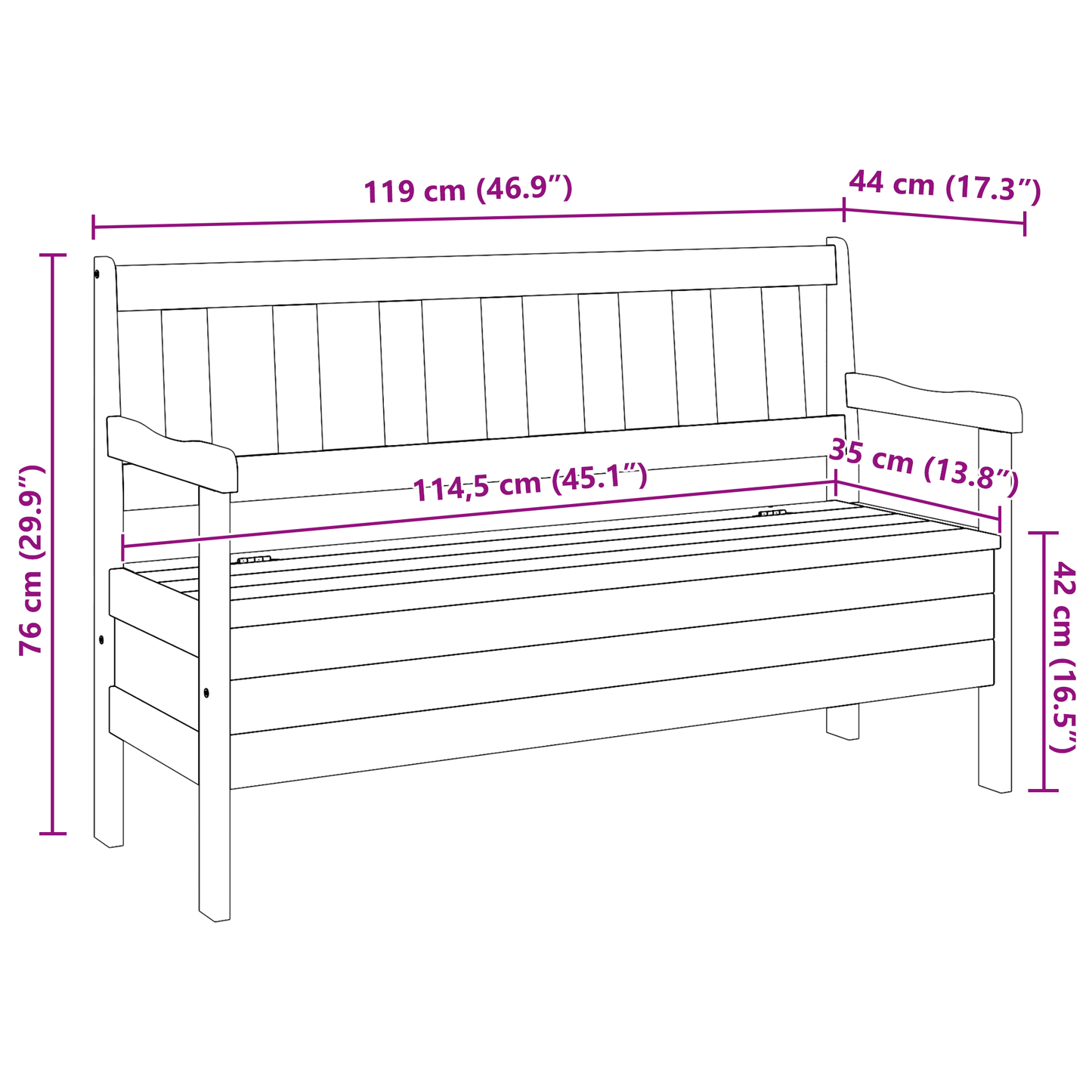Lauko suolas 119x76x44 cm Iš kietos pušies medienos