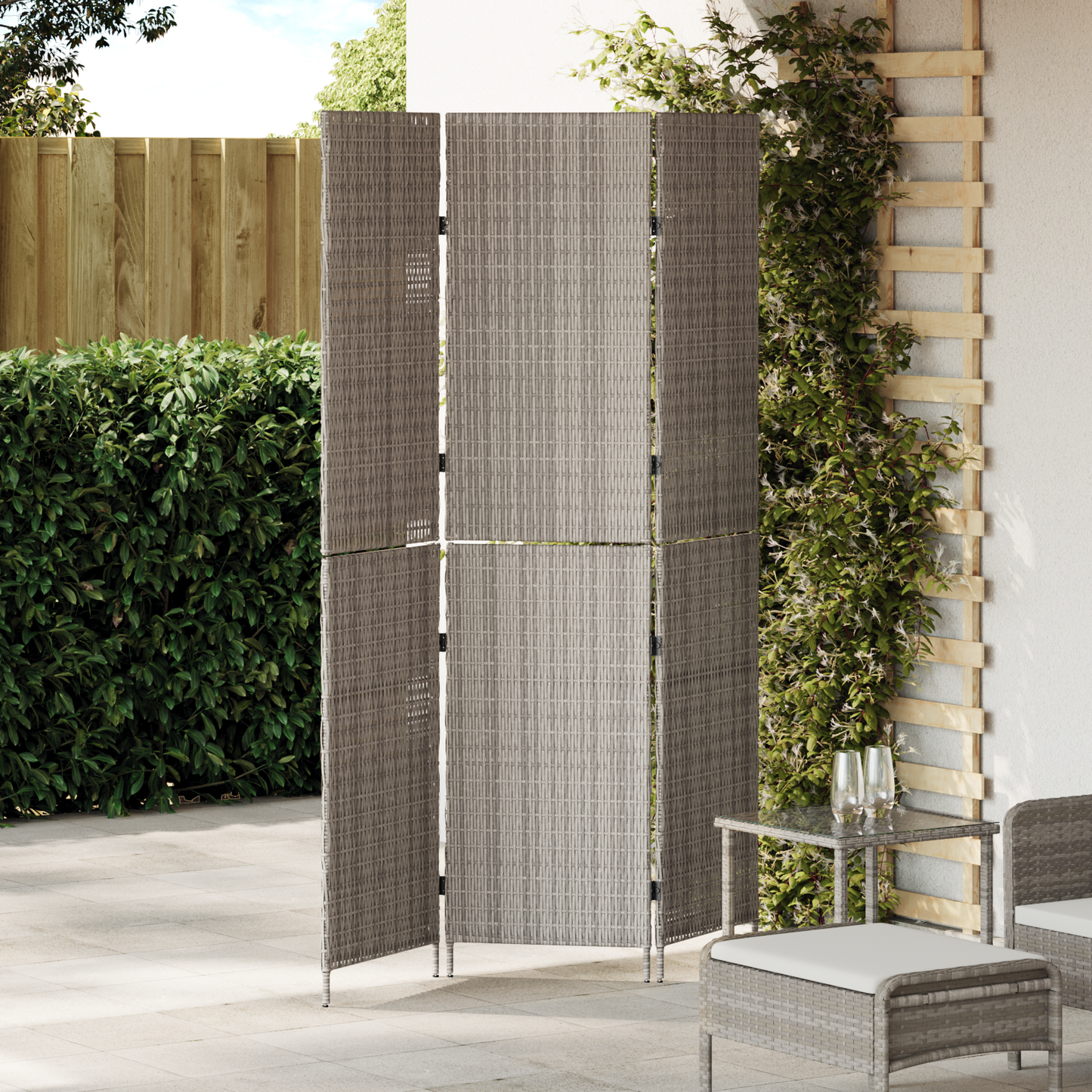 kambario skirstytuvas 3 panelėms sulankstomas pilkas 147x180 cm poli ratanas