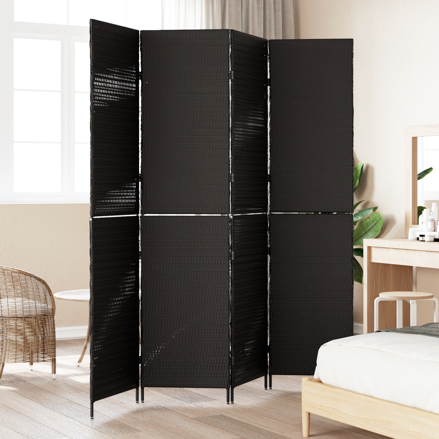Kambario Skydo 4 Puslapiai Sulankstomas Juodas 195x180 cm Poli Ratanas