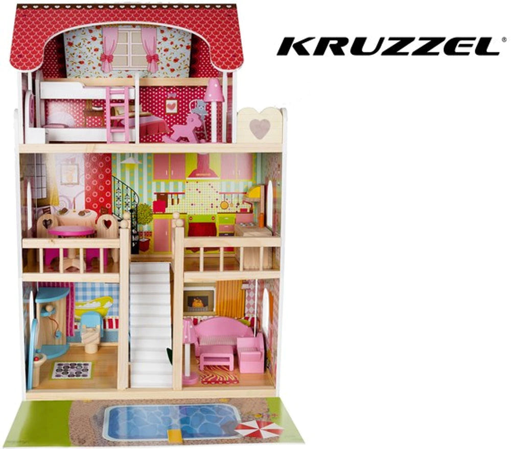 Medinis lėlių namelis – vila KRUZZEL su baseinu (iki 90 cm)
