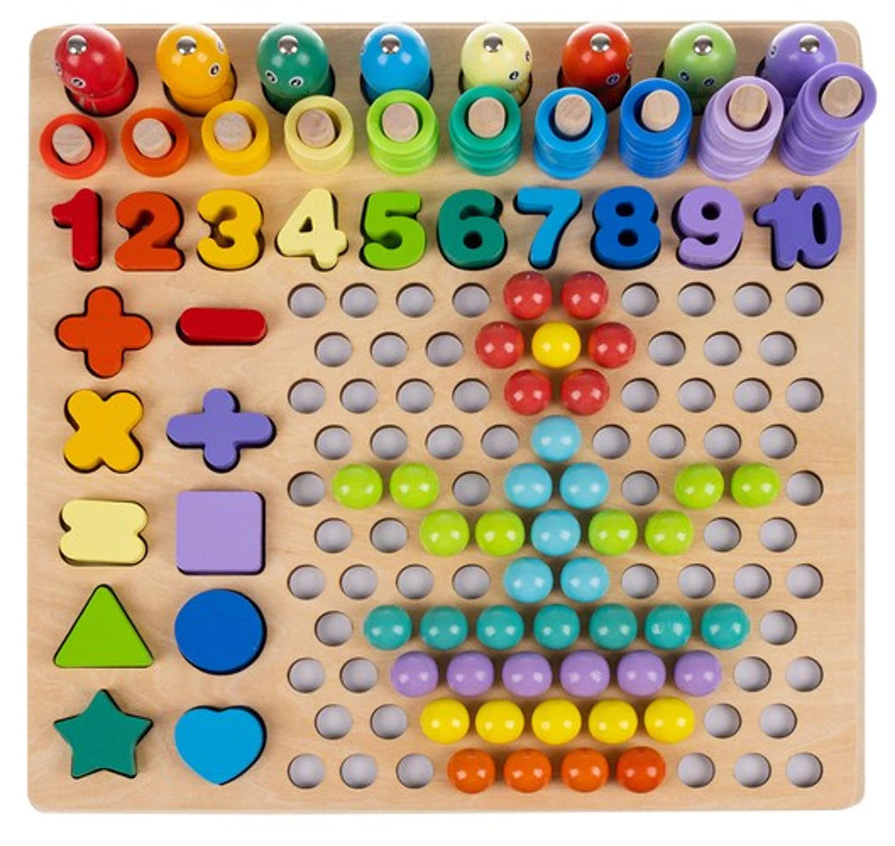 Medinė edukacinė dėlionė su karoliukais ir priedais