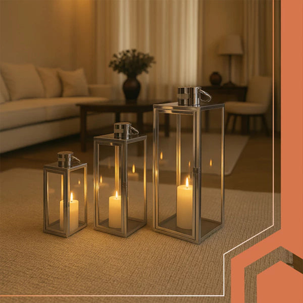 Sidabriniai žibintai  – elegancija ir jaukumas bet kuriai erdvei  3 vnt. (63/49/38 cm)