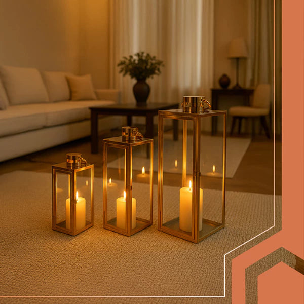 Auksiniai žibintai   – elegancija ir šviesa Jūsų erdvei 3 vnt. (63/49/38 cm)