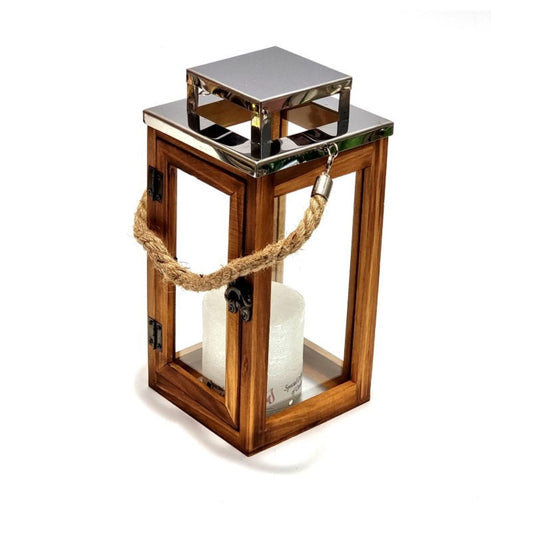 Dekoratyvinis medinis žibintas su virvele (12,5×12,5×26,5 cm)